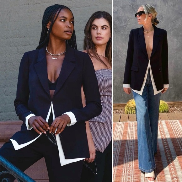 Favorite Daughter Kelly Blazer Black Ivory Trim Tuxedo Style Two Tone Jacket S - Picture 1 of 14